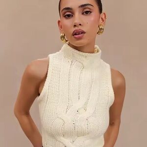 Ivory High Neck Cable Knit Sleeveless Top